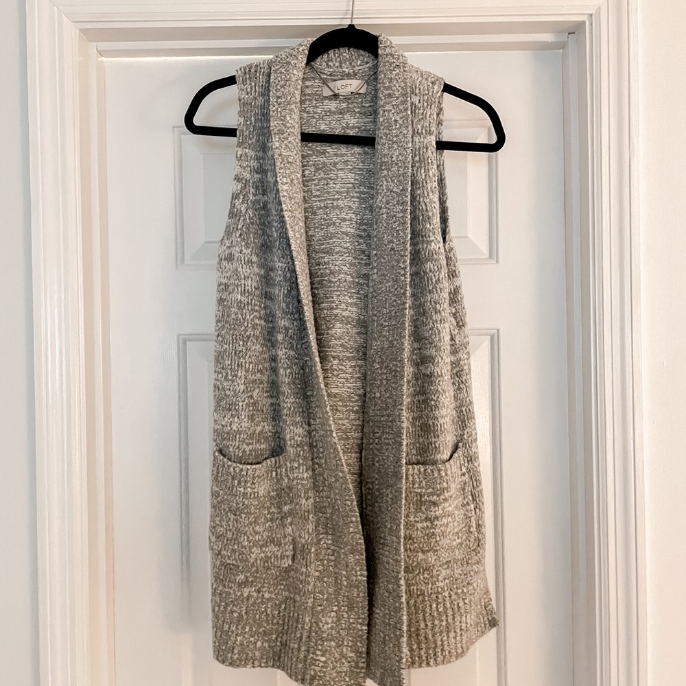 LOFT gray long knit cardigan vest sweater